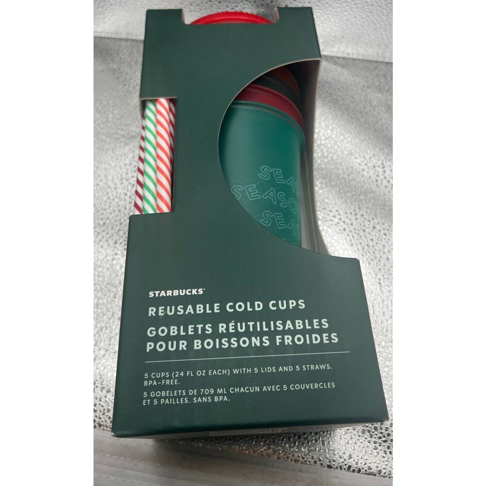 Starbucks Reusable Cold cups - 5 cups‎ 24 oz each w lids/ straws  Christmas NIB